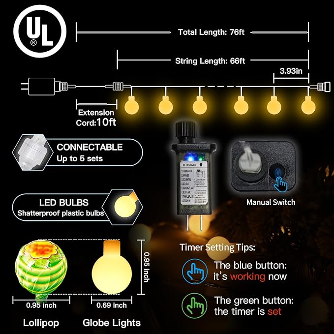 suddus String Lights for Bedroom, 66ft 200 Led Connectable Globe String Lights Indoor, Hanging Fairy Lights Plug in with Remote for Kids Room Dorm Classroom Outdoor Christmas Tree Decor, Warm White