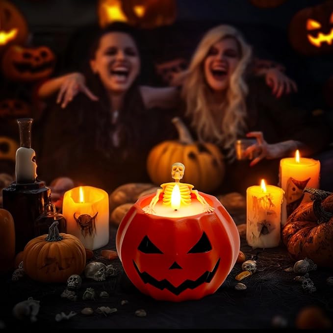 Halloween Decor-Flameless Pumpkin Candles, Real Wax Halloween Skeleton Candles, Flickering Battery Operated Candle with Remote for Gothic Party, Holiday Gift, Home Decor Indoor