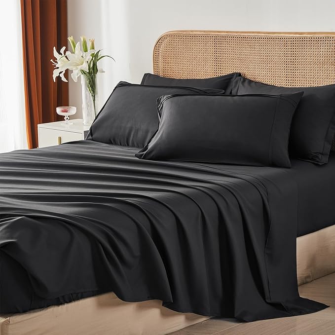 Yogeneg Full Size Comforter Set 7 Piece Bed in a Bag,Grid Pinch Pleat Black Bedding Set,Striped Textured Soft Microfiber Comforter with Sheet Set,All Season Complete Bed Set(Black,Full)