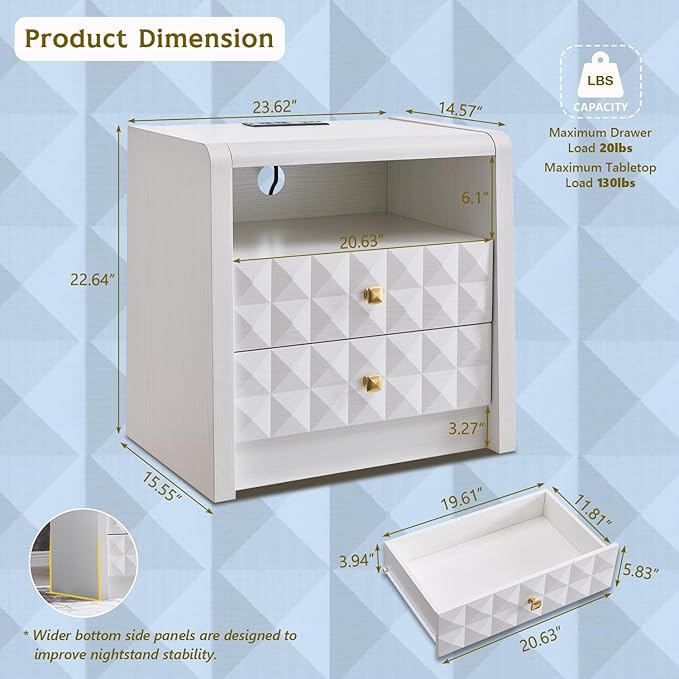 Modern Night Stand Set 2, 23.62" Wide Wood Side Table w/2 Storage Drawers &Open Shelf &Charging Station, Mid Century Modern Bedside w/Diamond Panel Decorate for Bedroom, Curved Profile Design, White