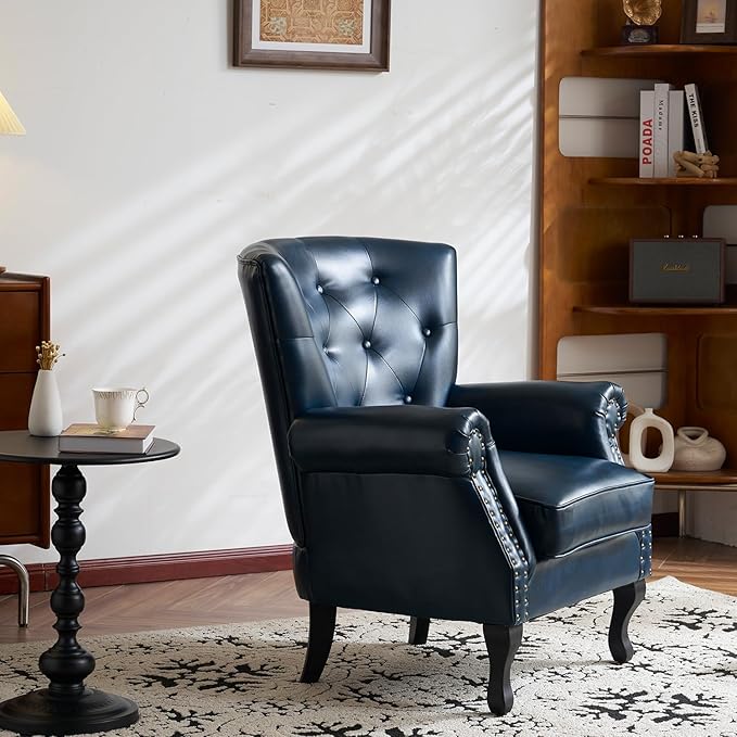 Modern Faux Leather Accent Chair, Upholstered Mid-Century Armchair with Solid Wood Legs, Single Sofa Chair for Living Room, Bedroom, or Reading Room(Navy)