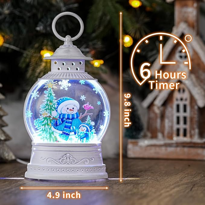 Christmas Snow Globes Lantern, Lighted Blue Snowman Decor with Music Timer Swirling Glitter Snow Globe Penguin Christmas Tree, USB or Battery Operated
