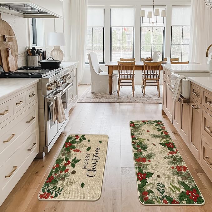 Artoid Mode Leaves Holly Merry Christmas Kitchen Mats Set of 2, Winter Home Decor Low-Profile Kitchen Rugs for Floor - 24x35 and 24x59 Inch