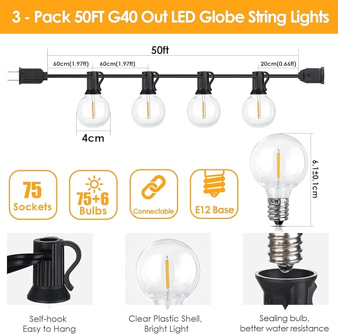 Mlambert 150Ft(3x50Ft) Outdoor String Lights, G40 Globe Patio Lights with 75+6 Dimmable Shatterproof LED Hanging Bulbs for Backyard Party-Black Wire