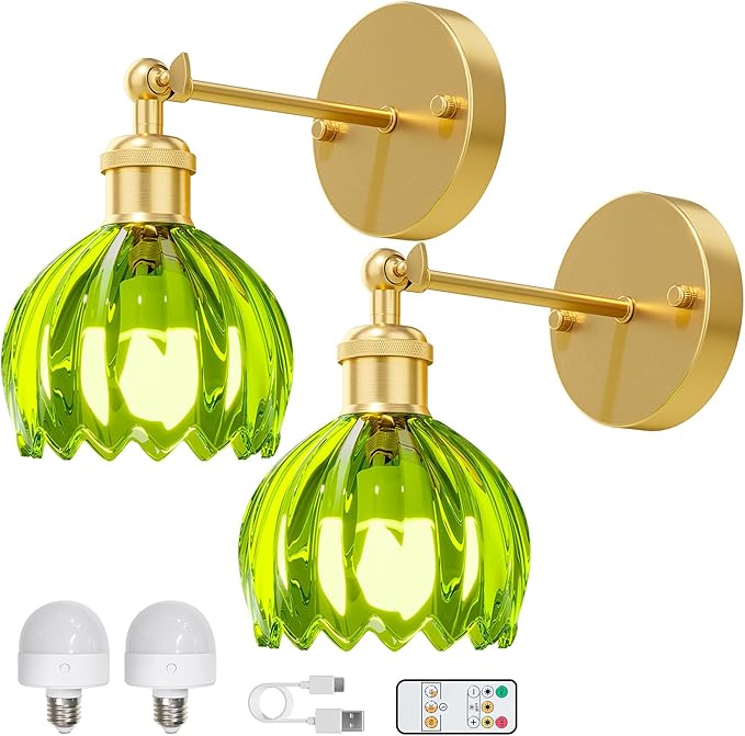 Vintage Battery Operated Wall Sconce Set of 2, Wireless Wall Sconce with Green Tulip Glass Shade, Rechargeable & Remote Control Wall Lamp for Living Room, Bedroom,Hallway Wall Decor Lights