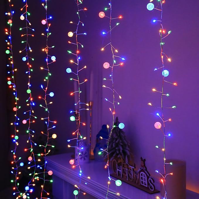 Battery Operated & USB Fairy Lights with Remote,10FT 200LED Cluster Lights Christmas Waterproof Twinkly Globe String Lights for Christmas Tree Copper Wire Firecracker Light for Bedroom Indoor Decor