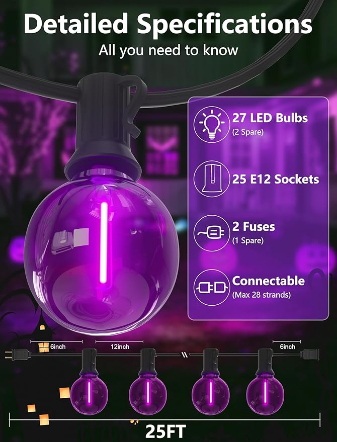 SUNSGNE G40 LED Purple Lights Outdoor, 25 Feet Halloween Purple String Lights with 25 Count Bulbs for Halloween Thanksgiving Indoor Outdoor Party Festival Haunted House Decor