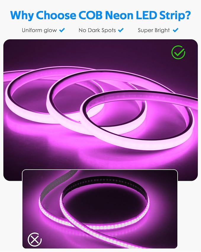 110V Bluetooth RGB COB LED Strip Light 10FT Multicolor Dimmable Flexible LED Lights Strip with Remote Music Sync Outdoor Waterproof RGB Neon COB Rope Light Plug in Color Changing AC 110V~130V IP67