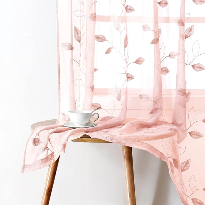 HOMEIDEAS Blush Pink Sheer Curtains 52 X 96 Inches Length 2 Panels Embroidered Leaf Pattern Pocket Faux Linen Floral Semi Sheer Voile Window Drapes for Bedroom Living Room