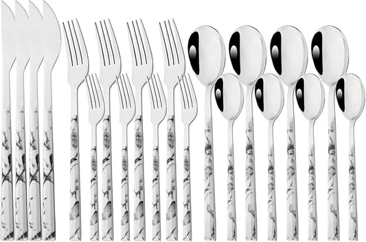 20 Piece (4 Set) Silver Stainless Steel Tableware With White Marble Handle, Wedding Cutlery And Daily Use, Silverware For Home Restaurant Party, Mirror Finished