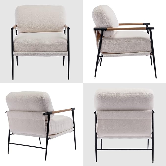 DUOMAY Mid-Century Modern Accent Chair Set of 2, Comfy Sherpa Sofa Lounge Chair Reading Corner Chair for Living Room Bedroom Office, Mid-Back Arm Chair with Black Metal Leg, White