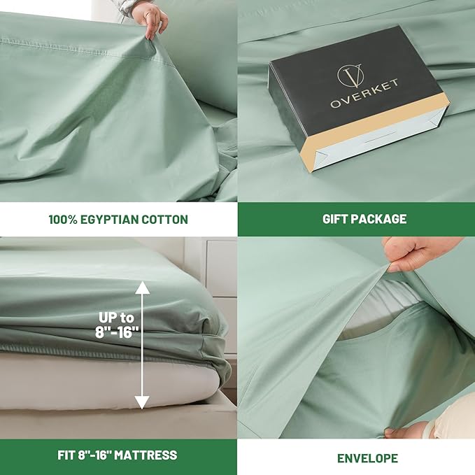 1000 Thread Count Egyptian Cotton Sheets Queen Size Set 4PCS Sateen Weave Soft Breathable 16-Inch Deep Pocket(Queen,Sage Green)