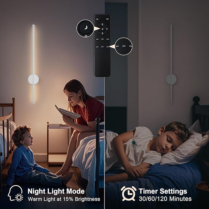 Battery Operated Modern Wall Sconces, Dimmable Wireless Wall Light Set of Two with Remote Control, 3 Color Temperatures, Rechargeable LED Wall Sconce for Bedroom, Living Room, Hallway 23.6 Inch Chrome
