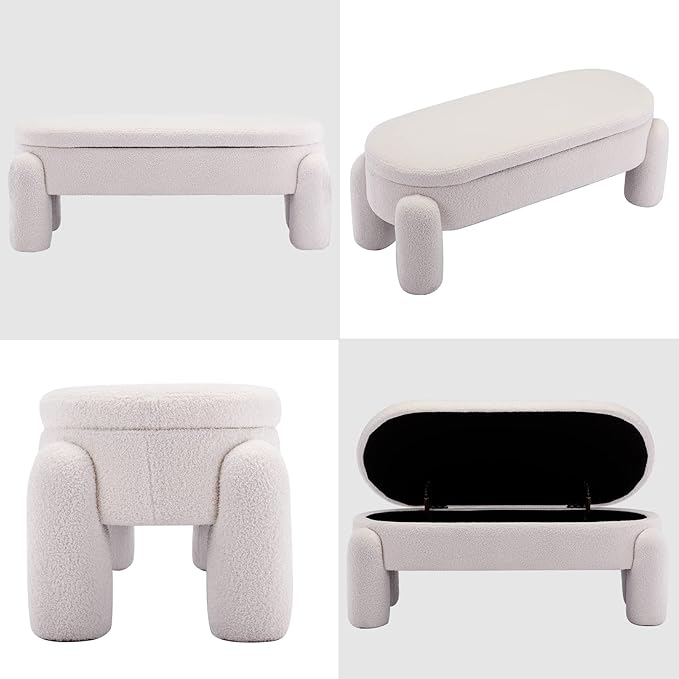 DUOMAY Sherpa Storage Ottoman Bench, Upholstered Fabric Storage Bench End of Bed Stool for Bedroom Living Room Entryway, 44.75" Width, White