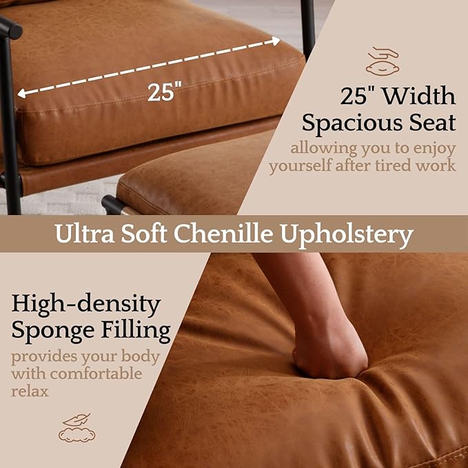 LukeAlon Mid-Century PU Leather Accent Chair, Ultra Soft Living Room Chair with Metal Legs Modern Armchair Upholstered Comfy Leisure Chair for Bedroom Reception Area Reading Room, Brown