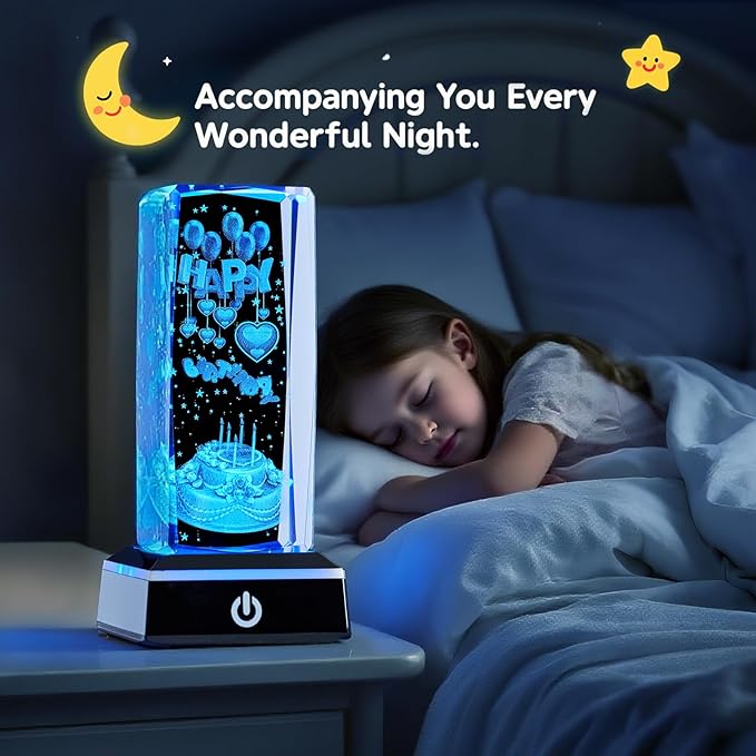3D K9 Crystal Night Light with LED Light Base Gift for Women Men Girlfriend Christmas Valentines Anniversary Birthday Gifts (Happy Birthday)