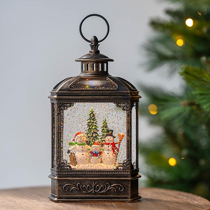 Christmas Snow Globe Lantern Lighted Snowman Family Musical Water Globe with Swirling Glitter, Christmas Holiday Party Gifts and Decorations