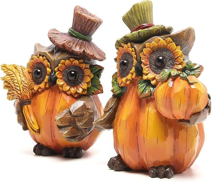 Hodao Owl Sculpture - Resin Thanksgiving Decor, Handmade Fall Centerpiece in Country Style, Unique Patented Design, 5.5 inches Tall