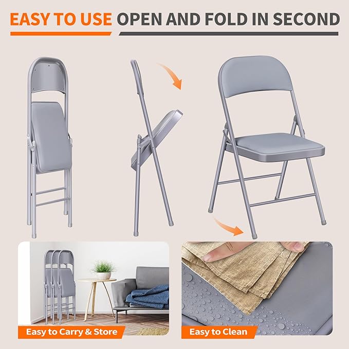 6 Pack Folding Chairs with Cushion – Padded Memory Foam Seating Gray Space-Saving Foldable Chairs for Indoor Outdoor Weddings, Parties, Backyard & Office Events (Gray, 6 Pack)