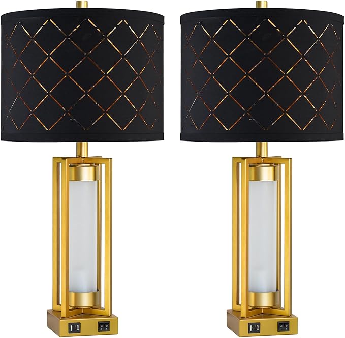 RORIANO Set of 2 Modern Table Lamps for Living Room Bedroom with USB C+A, Rustic Nightstand Lamps with White Night Light, Black Grid Shade, Desk Lamps for Bedside End Tables, 4 Bulbs Included (Gold)
