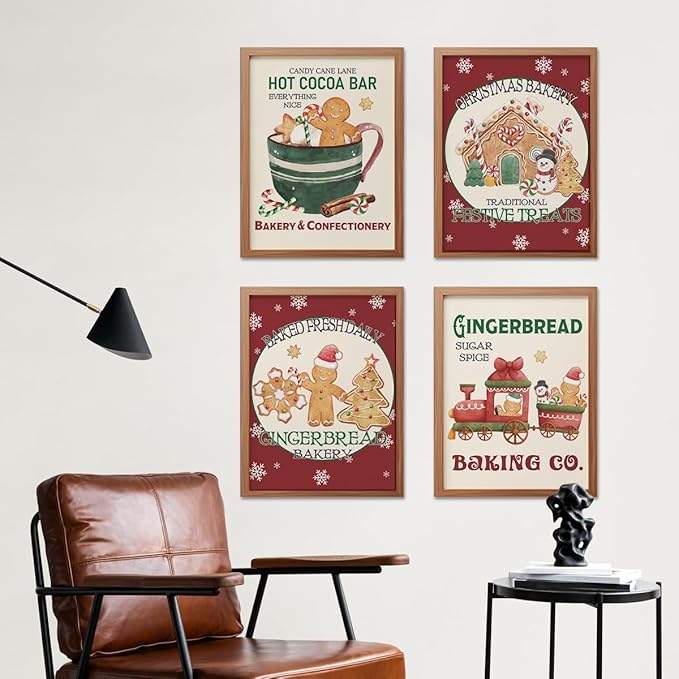 ETVISO Christmas Decor, Gingerbread Christmas Wall Art Prints Set of 4, Winter Holiday Baking Lover Gifts Home Decor, Xmas Bakery Hot Cocoa Porch Wall Decor, 12x16 (Unframed)