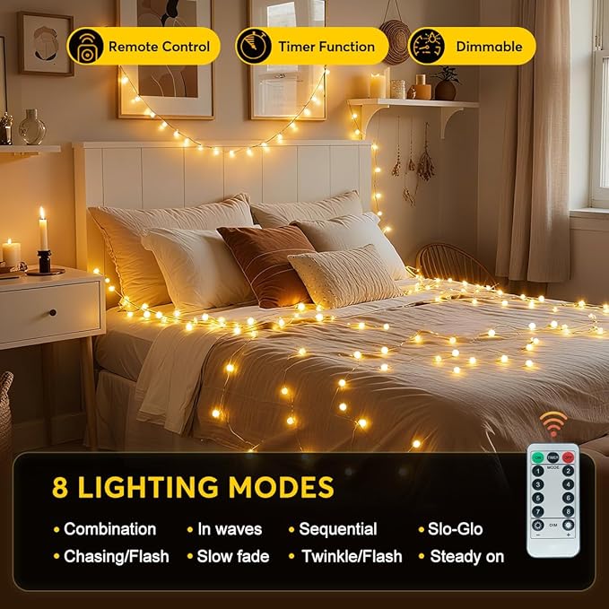 Globe String Lights 65.6 Ft. 160LEDs 8 Modes with Remote,USB Fairy Lights Plug in,Waterproof LED String Lights for Indoor Outdoor Bedroom Party Wedding Garden Christmas Tree Decor,Warm White