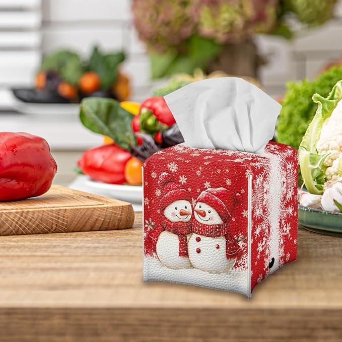 Cute Snowman Tissue Box Holder Square PU Leather Tissues Cube Box Cover Christmas Modern Decorative Facial Napkin Holder Case for Car Kitchen Bedroom Bathroom