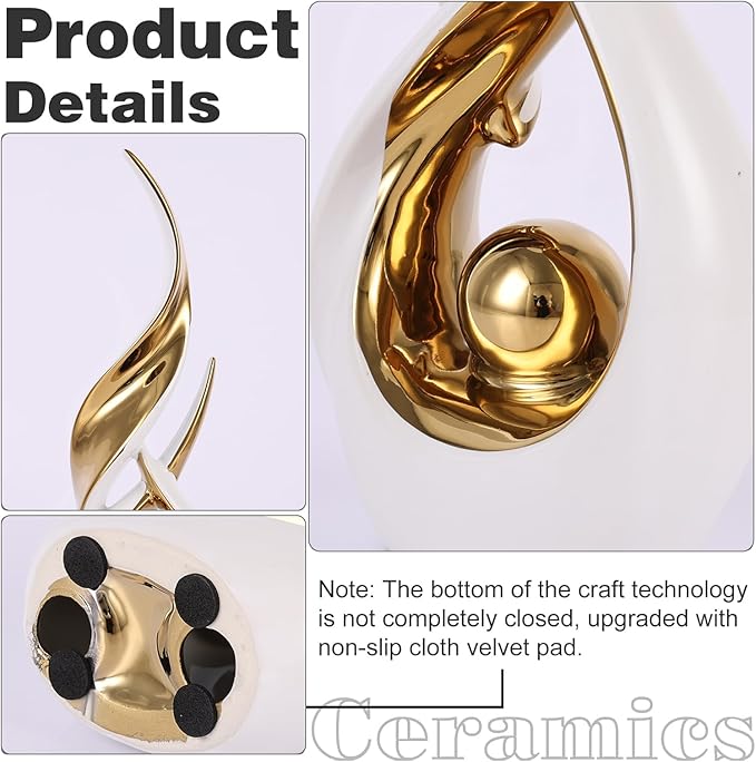2 PCS White Gold Ceramic Statues For Home Decor Accents, Modern Abstract Art Sculptures, Elegant Tabletop Decorative Objects For Dining Room, Entryway, Tv Stand, Mantel, Coffee Table Centerpieces