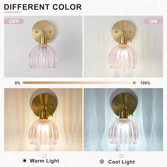 Hardwired Wall Sconce Light, Vintage Wall Sconce with Switch, Gold Wall Light Fixture with Tulip Pink Glass Lampshade, Indoor Wall Light for Bedroom Bathroom, Bedside Wall Lamp