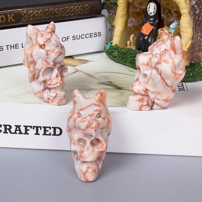 2.17 Inch Crystal Skull with Wolf Head Figurine Decor, Red Network Jasper Skull with Wolf Head Statue Decor for Home Office Desk, Hand Carved Healing Crystal Animal Statues Gifts for Women Men