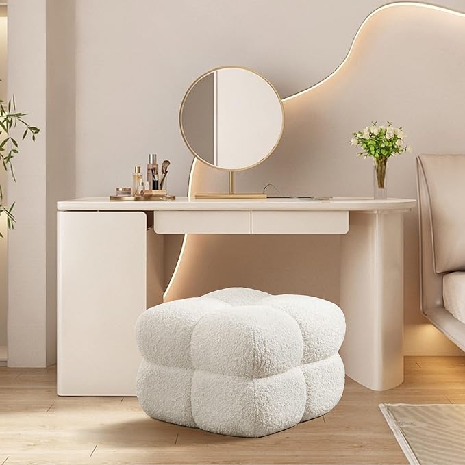 ONEVOG 21" Cream White Modern Ottoman, Square Fuzzy Couch Sherpa Pouf Ottoman, Tufted Fluffy Boucle Fabric Foot Stools, Upholsered Footrest & Coffee Table for Living Room Bedroom, Cute Pouf Home Decor