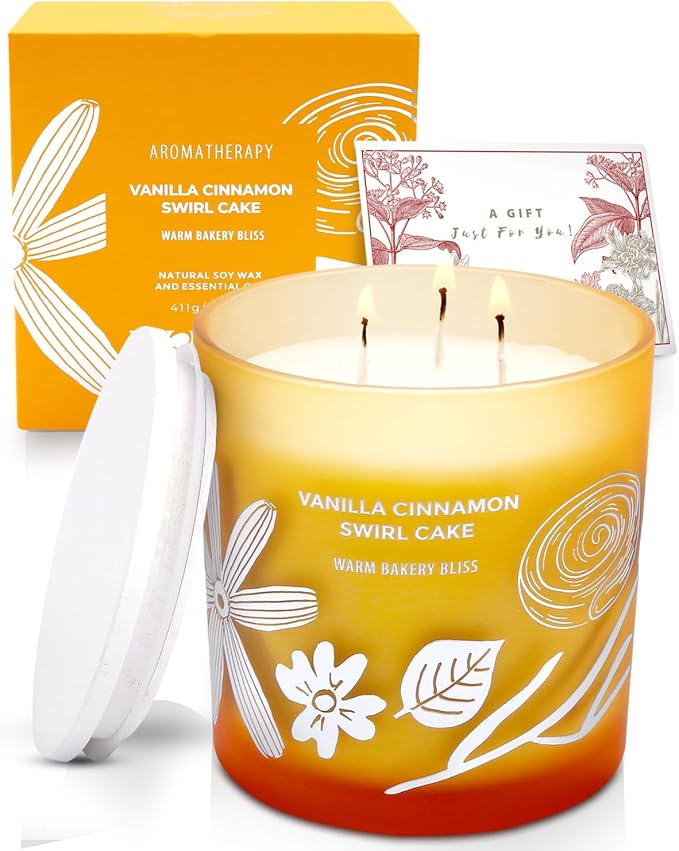 Vanilla Cinnamon Swirl Cake 3-Wick Soy Candle | Highly Scented Bakery Candle | 14.5 oz, Clean-Burn | Cozy Fall Aromatherapy Stress Relief Candles for Home | Gift for Women & Men
