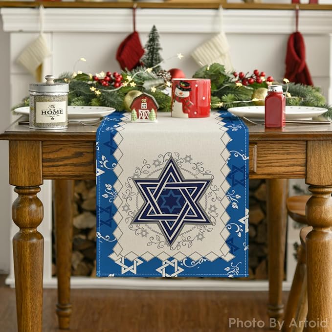 Artoid Mode Hexagram Hanukkah Table Runner, Star of David Menorah Passover Chanukah Holiday Kitchen Dining Table Decoration for Indoor Outdoor Home Party Decor 13 x 108 Inch