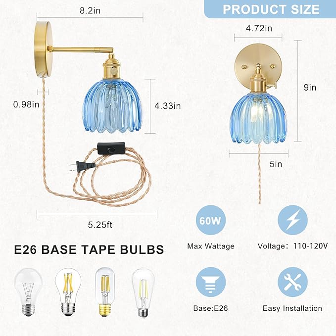 Plug in Wall Sconce, Vintage Sconce Light with Tulip Sky Blue Glass Lampshade, 180° Adjustable Wall Sconce with Switch and Plug in Wall Lamp Cord, Gold Wall Light for Bedroom Bedside