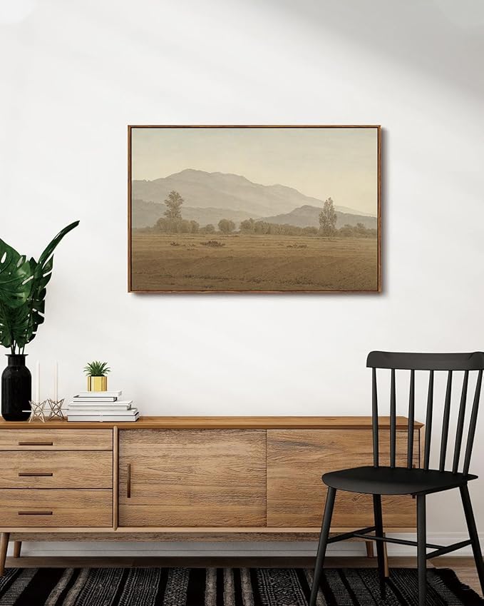 KISSFOX Vintage Landscape Framed Wall Art Grassland Mountain Canvas Wall Art Minimalist Neutral Farmhouse Serene Countryside Paintings Artwork Rustic Art Prints For Bedroom Living Room