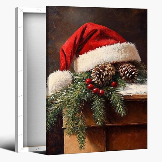 Vintage christmas wall art santa hat painting pine cone winter cottagecore canvas poster for christmas home decor bedroom living room Framed8x12inch