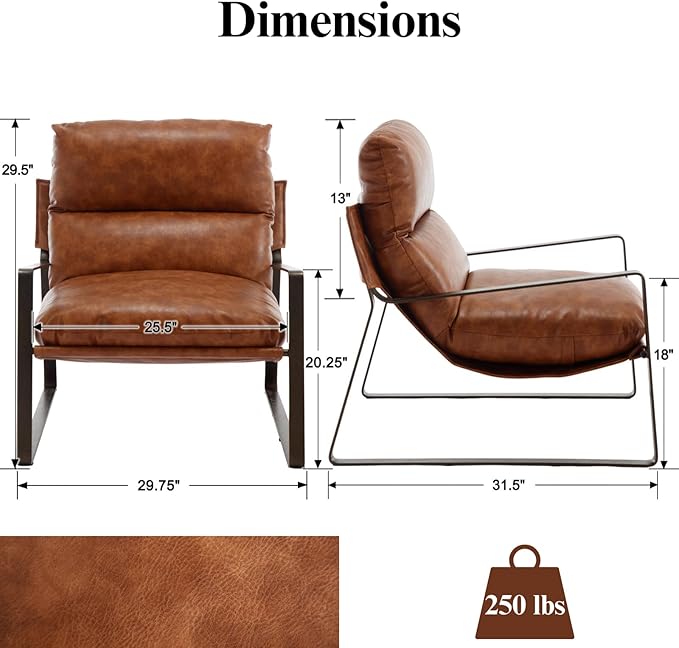 Mid-Century Accent Chair, Comfy PU Leather Side Chair with Armrest, Upholstered Leisure Chair with Bronze Metal Frame for Living Room Reception Room, 1PC, Brown