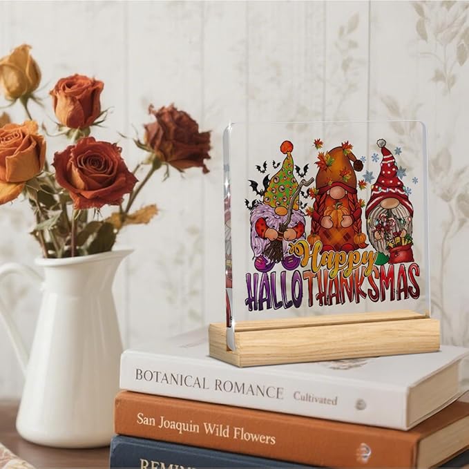 Fall Decor, Thanksgiving Decorations, Fall Decorations for Home, Gnomes Pumpkin Sign, Autumn Harvest Rustic Square Acrylic Sign with Wooden Stands for Kitchen Office Christmas Living Room