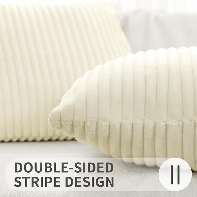 Simmore Decorative Fall Throw Pillow Covers 12x20 Set of 2, Soft Natural Plush Flannel Double-Sided Fluffy Lumbar Pillow Covers for Couch Sofa Living Room, Beige