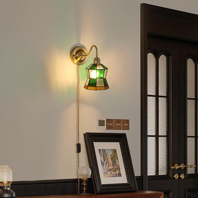 Vintage Wall Sconce, Wall Lamps with Polygonal Checker Sconce, Stained Glass Shade Brass Wall Lights Fixture with Plug in Cord and Switch for Bedroom Bathroom Living Room Hallway