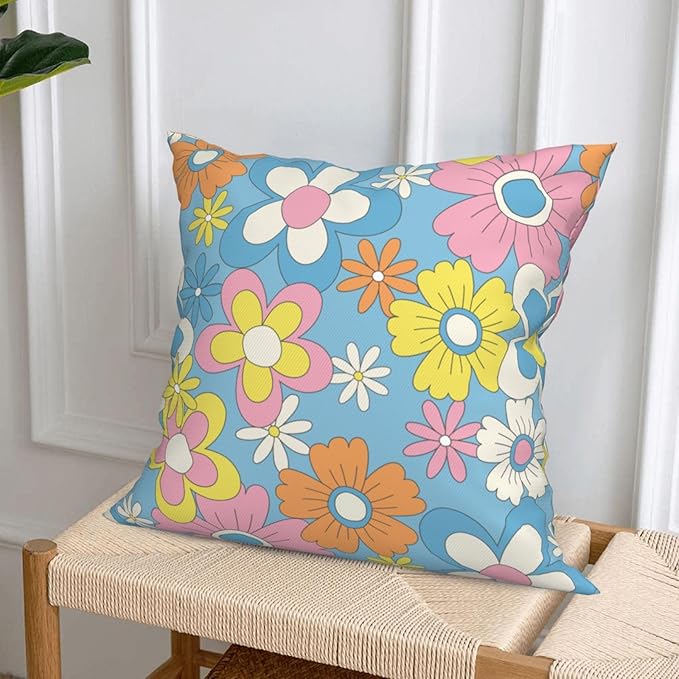 Boho Hippie Floral Pillow Covers 18 x 18 Inch Retro Groovy Throw Pillow Cover Set of 4 Colorful Boho Daisy Flowers Cushion Cover for Holiday Home Couch Sofa Decoration
