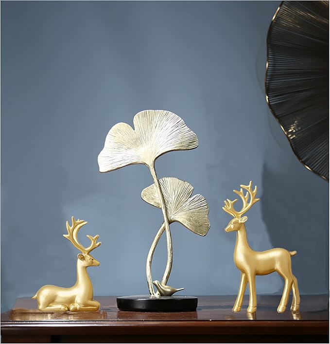 FANTESTICRYAN Small Reindeer Sculpture Resin Christmas Reindeer Elk 2pcs Christmas Home Decor Statues for Living Room, Bedroom, Office Desktop, Cabinets (Golden Small)