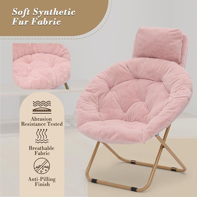 Athena Collection Comfy Saucer Chair with Headrest Oversize Round Cozy Chair Folding Chair Faux Fur Metal Frame Foldable Reading Chair Accent Chair for Bedroom Living Room Set of 2, Pink