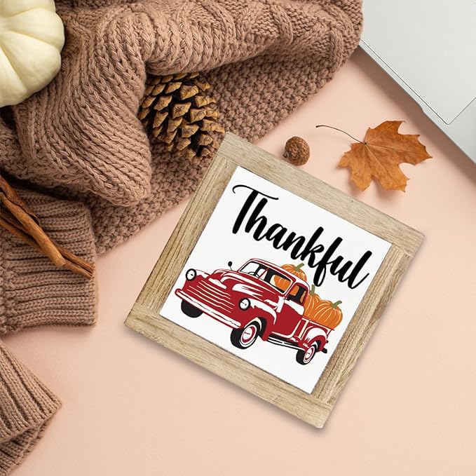 Pumpkin Harvest Decors, Thankful Signs, Pumpkin Truck Wooden Box Signs, Autumn Home Desk Table Shelf Decoration, Fall Decor, Thanksgiving Decoration, Box Sign Wood Desk Sign Decor 5.9X5.9X0.7inches