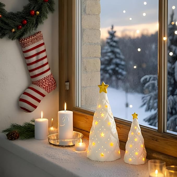 DN Decoration White Ceramic Christmas Tree with Lights, 2Pcs Prelit Tabletop Xmas Decor with Star Cutouts, Battery-Operated LED Trees for Christmas Village, Office, Front Porch Holiday Centerpieces