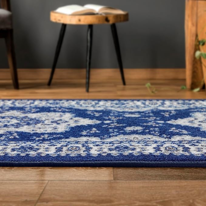 Antep Rugs Alfombras Oriental Traditional 2x10 Non-Skid (Non-Slip) Low Profile Pile Rubber Backing Indoor Runner Rugs (Navy Blue, 2' x 10')