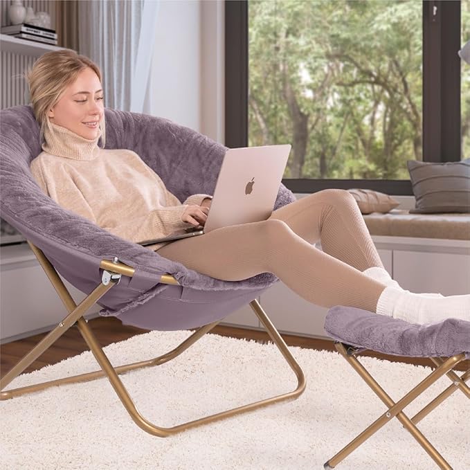 Milliard Cozy Chair with Footrest Ottoman/Faux Fur Saucer Chair for Bedroom/X-Large (Purple)