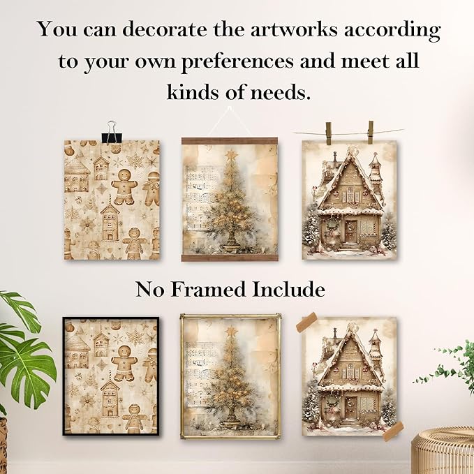 TFKFJLF Vintage Christmas Tree Prints Wall Art Poster Decor, Retro Christmas Gingerbread Decor Wall Art, Winter Holidays Decorations for Bedroom Bathroom Living Room Office, Unframed 8x10in Set of 4