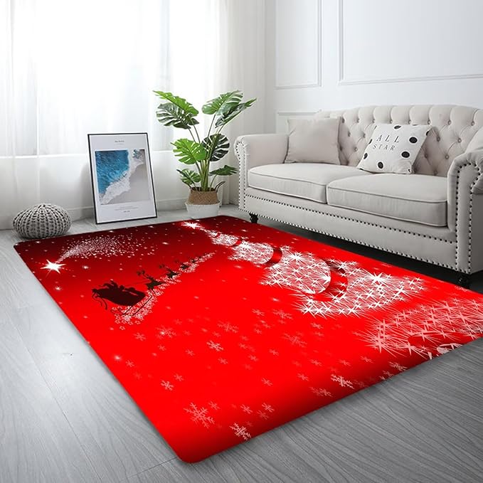 kxry Area Rugs 6X9 Feet, Merry Christmas Soft Machine Washable Area Rugs Santa Claus Deer Xmas Tree Galaxy Red Non Slip Foldable Floor Carpet for Living Room Bedroom Dining Room Dorms