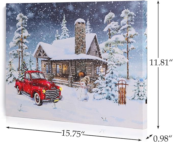 NIKKY HOME 16" x 12" Christmas LED Lighted Canvas Wall Art Prints Light Up Red Truck House and Snowman Picture Winter Snow Scene for Holiday Decor